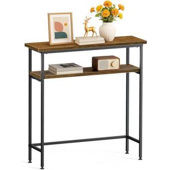 Mesa Consola Estrecha Industrial 2 Niveles 80x24x80 cm Metal y MDF Marrón