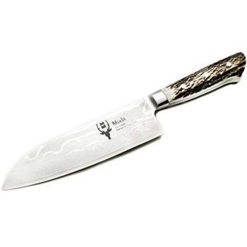 Electropolis Cuchillo Gourmet Muela VG10 Asta SANTOKU-17DAM, Enterizo, cachas de asta de Ciervo, Hoja de 17 cm de Acero Damasco, 190 Gramos + Tarjeta Multiusos de Regalo