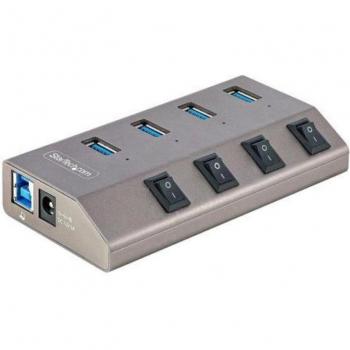 StarTech.com Hub USB-C de 4 Puertos con Interruptores Individuales, Autoalimentado - Concentrador USB 3.0 a 5 Gbps con Fuente de Alimentación Externa - Adaptador Ladr