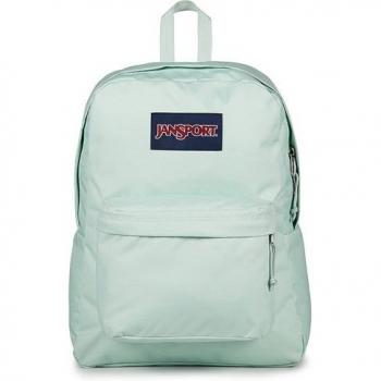 Mochila juvenil y funcional Superbreak One Jansport verde menta, 25 litros, diseño moderno, compartimento principal amplio, bolsillo frontal con cremallera, correas ajustables y acolchadas, material resistente y liviano