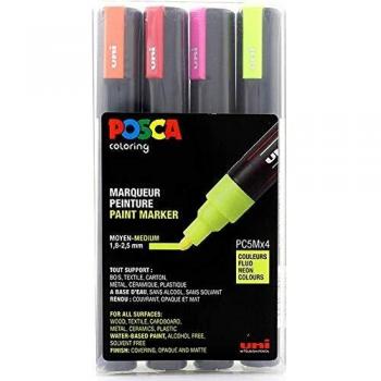 Set de 4 Marcadores Posca PC-5M Neon, Punta Mediana 1.8-2.5 mm, Colores Fluorescentes