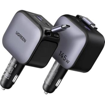 Cargador de coche Ugreen 145W con cable USB-C retráctil y 4 puertos de carga rápida