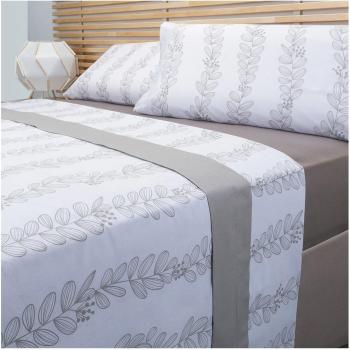 PIKOLIN HOME Juego de sábanas de Algodón con Estampado de Hojas - Sábana Encimera + Bajera + 1/2 Fundas de Almohada Transpirable y Suave