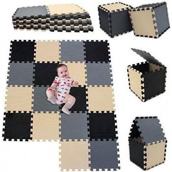 MSHEN18 Piezas Alfombra Puzzle Bebe con Certificado CE y certificación EVA | Puzzle Suelo Bebe | Puede ser Lavado Goma eva,Tamaño 1.62 Cuadrado,negro-beige-gris-041012g18