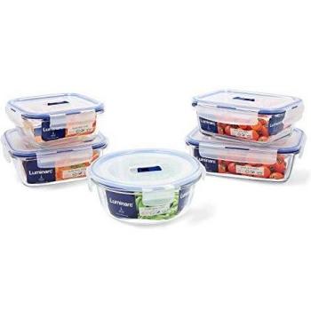 Set de Fiambreras Luminarc Pure Box Active (5 pcs) Bicolor Vidrio 43 x 32 x 18 cm, recipientes herméticos de vidrio extra resistentes, sin BPA, con válvula para microondas, capacidades