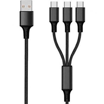 Cable USB 3 en 1 Nylon Negro 1,5 m con 3x USB Tipo C