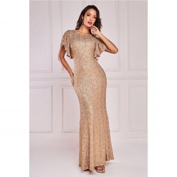 Sequin Flutter Sleeve Maxi - Gold by Goddiva