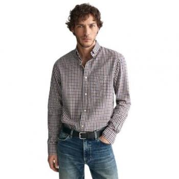 Camisa de Hombre Gant Regular Fit de Sarga Ligera a Cuadros Vichy Marrón Manga Larga XXL