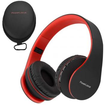 PowerLocus P1 – Auriculares Bluetooth inalambricos de Diadema Cascos Plegables, Casco Bluetooth con Sonido Estéreo con Conexión a Bluetooth Inalámbrico y Cable para Movil, PC, Tablet - Negro/Rojo