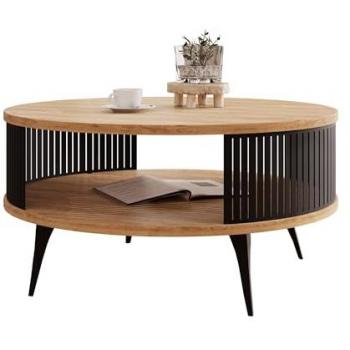 Mesa de centro redonda Oswego 118, Aglomerado laminado Negro y Roble dorado artesanal, 44cm de altura, 75cm de diámetro