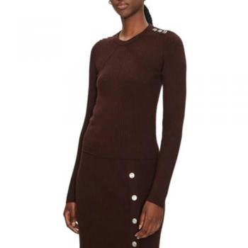 Pinko Brown Ribbed Wool Sweater with Elegant Buttons - Slim Fit Size S for Women