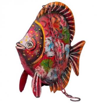 Figura Decorativa Pez de Madera de Mango 9 x 30 x 30 cm con Portavela de Metal Envejecido Rojo