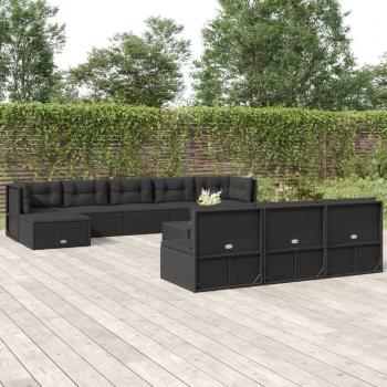 11-Piece Black Poly Rattan Outdoor Lounge Set with Cushions