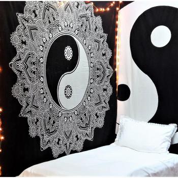 Tapiz Raajsee de algodón indio con diseño de mandala color negra y blanca para colgar en la pared, 220 x 230 cm, algodón, Yin Yang, 220*240