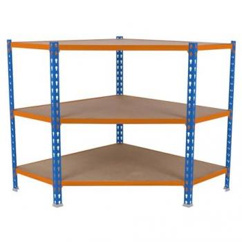 Estantería Esquina Maderclick 3 Baldas Metalica 900x900x300 mm, Capacidad de Carga 200 kg, Colores Azul/Naranja/Madera