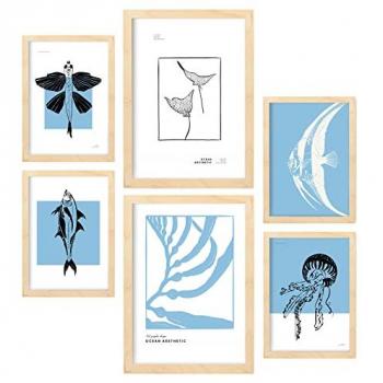 Set de 6 Posters Artísticos en Tinta Negra de Peces Raros para Decoración Interior - Tamaños A3 y A4 con Marcos Color Madera