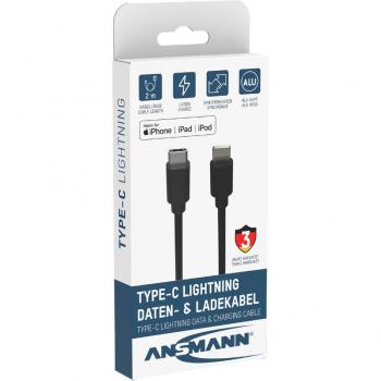 Cable de datos y carga ANSMANN USB-C a Lightning, 2,0 m, color negro, robusto con plástico TPE sin PVC y carcasa de aluminio con alivio de tensión integrado