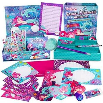GirlZone Regalos para Niñas Set de Papel Carta de Sirena para Chicas, Papelería Bonita de 45 piezas de Papel y Sobres en una Bonita Caja de Regalo para Almacenar todo tu Writing Set