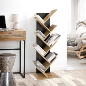 Estantería geométrica de pie FMD en color blanco, roble y negro, mueble de almacenaje para oficina, estudio, sala de estar y dormitorio, estantería/librería/mueble de almacenamiento con estantes geométricos