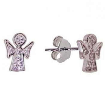 Pendientes de Plata Ley 925m para Niña con Diseño de Ángel y Microengaste, 10mm Rodiados