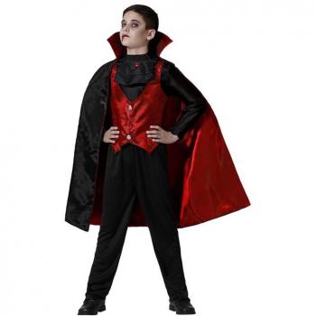 Disfraz de Vampiro Drácula para niño - Incluye capa negra, camisa blanca con detalles rojos, pantalones oscuros y colmillos