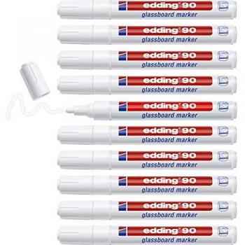edding 90 marcador para pizarras de cristal - blanco - 10 rotuladores borrables para vidrio - punta redondeada 2-3 mm - para escribir y marcar en ventanas y pizarra de cristal - borrado en seco