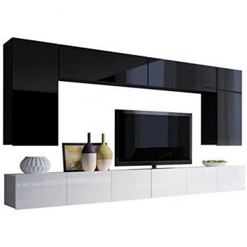 Conjunto de salón moderno Providence B133, Aglomerado laminado, Negro y Blanco brillante, con mesa de TV y partes separadas, 300 x 43 cm
