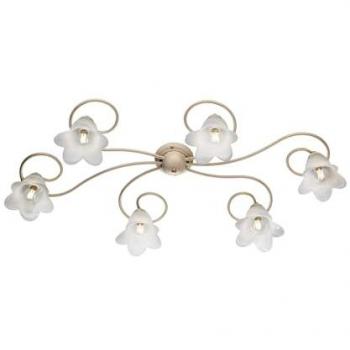 Lámpara de Techo 6 Luces de Hierro Forjado Marfil y Oro con Pantallas de Cristal Blanco Serie Alice
