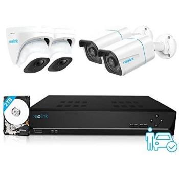 Reolink 4K Kit de Cámara Vigilancia Exterior PoE, 4pcs 8MP Ultra HD Cámaras IP, Detección de Personas y Vehículos, H.265 8CH 4K NVR con 2TB HDD, 24/7 Grabación Continua Zoom Digital, RLK8-810B2D2-A