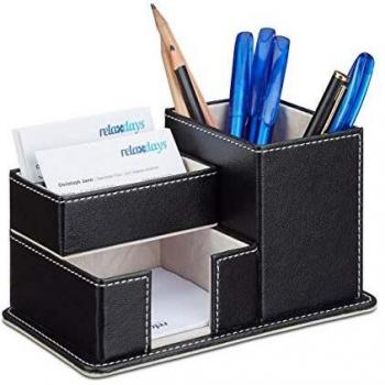 Organizador de Escritorio Negro de Piel Sintética con 4 Compartimentos, Porta Lápices y Artículos de Oficina - 18 x 12 x 10 cm