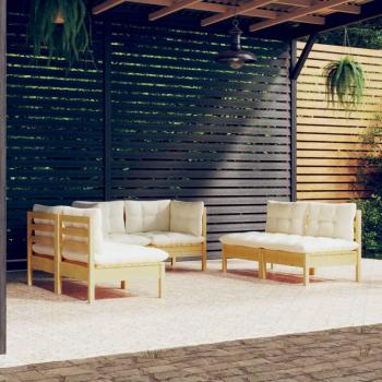 6-Piece Solid Pinewood Garden Lounge Set with Cream Cushions