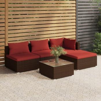 5-Piece Brown Poly Rattan Garden Lounge Set with Cushions