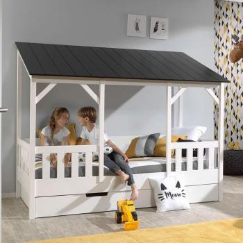 Cama Infantil Vipack Casa 90x200 cm con Techo Negro y Blanco, Fabricada en Europa, Opción de Cajón de Cama