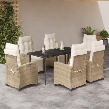7 Piece Beige Poly Rattan Garden Dining Set with Cushions