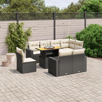 9-Piece Black Poly Rattan Garden Sofa Set with Cushions