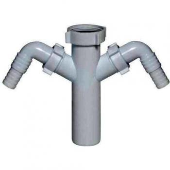 Conector de desagüe 1 1/2 BSP x 40 mm con entrada doble para lavadora y lavavajillas