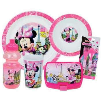 Set de Vajilla Disney Minnie - FUN HOUSE 006377 - Vaso, Plato Hondo, Plato Llano, Botella, Caja de Merienda y Cubiertos