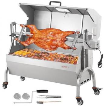 VEVOR 90 kg Charcoal Rotisserie Grill with Electric Motor for Whole Pig, Lamb, Goat - Stainless Steel BBQ with Viewing Window and Lockable Wheels