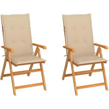 Silla de jardín 2 uds madera teca con cojines estampado hojas beige