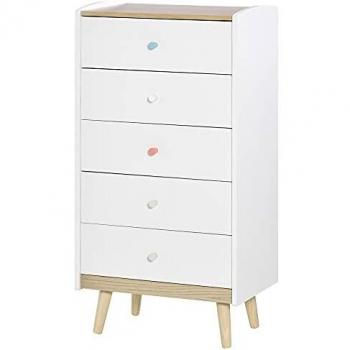 HOMCOM Cómoda Infantil de Madera Cajonera con 5 Cajones para Niños Almacenaje Libros Ropa Juguetes para Dormitorio Habitación de los Niños Sala de Juegos 55x36x108 cm Blanco