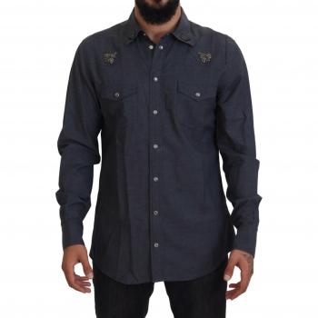 Dolce & Gabbana Blue Cotton Denim Crystal Bee Shirt - IT39 | S, Male Casual Shirt, Size: M
