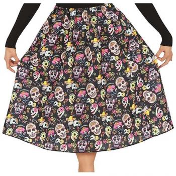 Falda de Catrina con calaveras Guirca - Falda larga, diseño de calaveras coloridas, ideal para disfraces de Día de Muertos, talla única