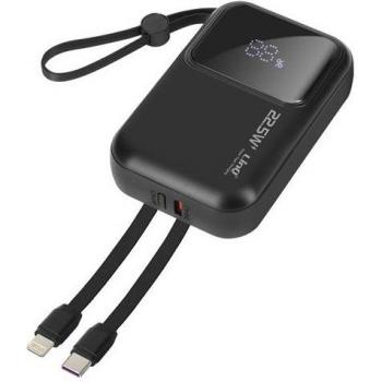 Batería Externa Compacta 10000 mAh con Cables Lightning y USB-C Negra