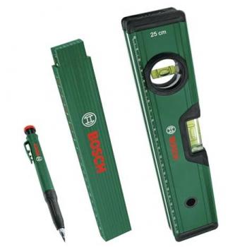 Nivel láser Bosch con set de marcado, incluye nivel de burbuja de 25 cm, regla plegable de 2 m y lápiz marcador