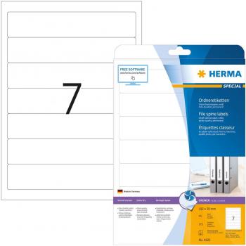 Etiquetas para Carpetas Inkjet HERMA 4825, Blancas, 192 x 38 mm, Autoadhesivas, 25 Hojas (175 Etiquetas)