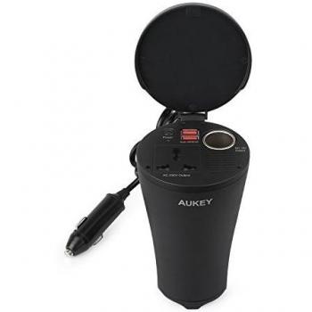 AUKEY 150W de Inversor de Corriente con el Diseño Titular de la Copa y Salida de AC + 2.1A * 2 Puertos USB para el Ordenador Portátil, Tableta, Teléfono Inteligente y más