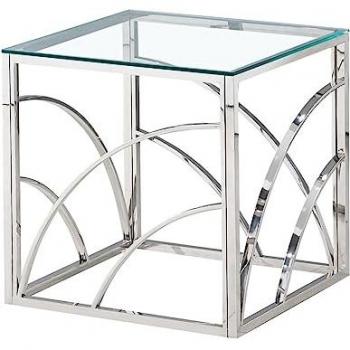 Mesa Auxiliar Adalina 55cm Ondas Acero Inoxidable Plateado y Cristal