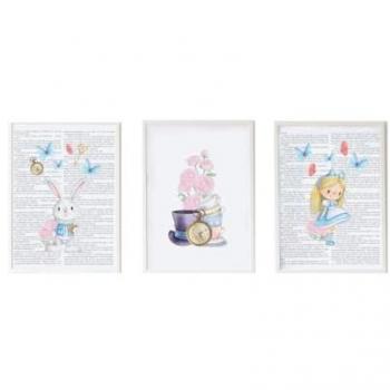 Juego de 3 cuadros infantiles Crochetts Alice Multicolor Madera MDF 33 x 43 x 2 cm Conejo Flores Niña (3 Piezas)