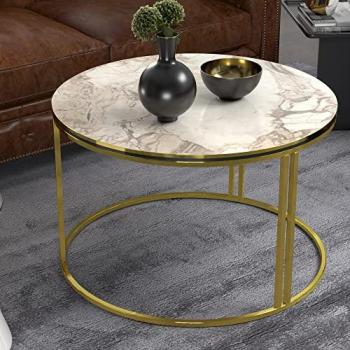 Mesa de Centro Redonda Aulum 50 x Ø 70 cm - Aglomerado y Metal con Acabado en Mármol Blanco y Dorado