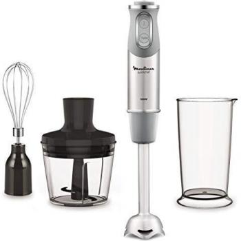 Batidora de Mano Moulinex QuickChef DD655D10, 1000W, con Regulador de 10 Velocidades Turbo, Accesorios para Picar y Montar, Vaso Medidor y Cúpula Antisalpicaduras en Acero Inoxidable